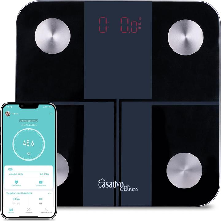 Produktbild Casativo 14in1 Körperanalysewaage aus Glas mit Bluetooth, App & Nutzer-Erkennung (180 kg)