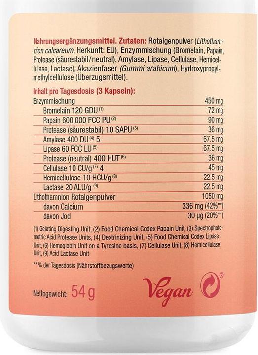 Valori nutrizionali e ingredienti Effective Nature Complesso enzimatico con calcio 90 capsule (90 Pezzo/i, Pillole, 90 g)