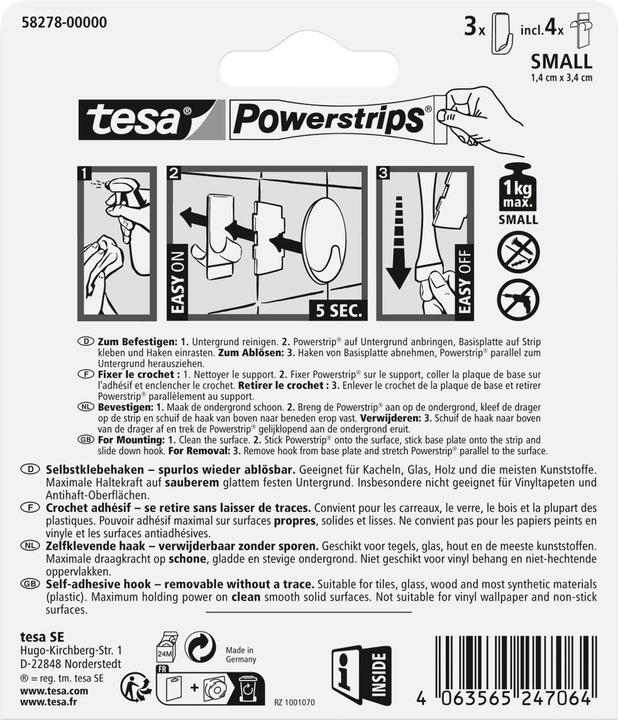 Productafbeelding tesa Powerstrips haken KLEINE rechthoek, zwart van hoogwaardig kunststof, meerdere keren te gebruiken met