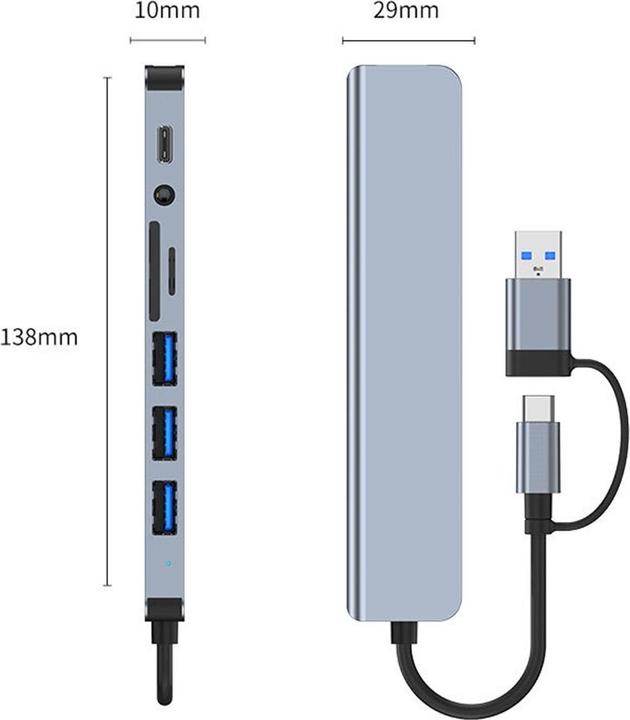 Actual product image Apfelkiste USB C/USB 3.0 multiport hub with SD/MicroSD & 3.5mm jack - 5 Gbit/s (USB C + 4x USB A) (USB-C, 4 ports)