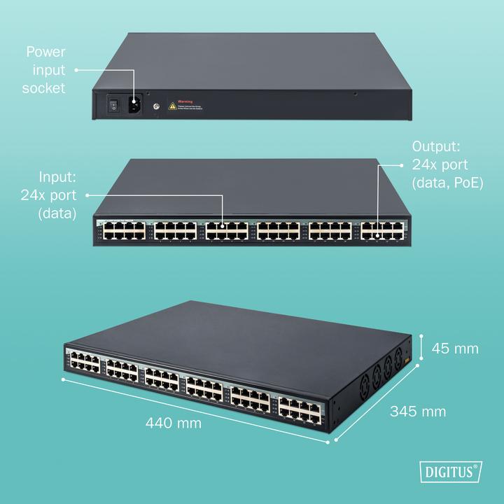 Actual product image Digitus 24 port gigabit PoE+ injector (802.3af (PoE), 802.3at (PoE+), 370 W)