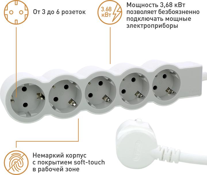 Image du produit Legrand Multiprise plate 5x prise, 3 mètres de câble blanc-gris 694563 (5 x, CEE 7/3, CEE 16/5, 3 m)