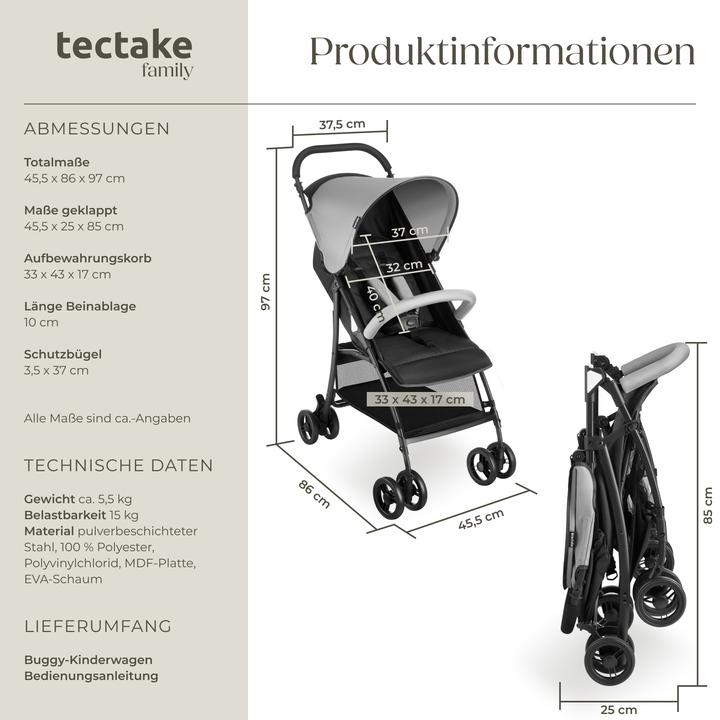 Produktbild tectake Buggy-Kinderwagen Emma, klappbar, 5-Punkt-Gurt, mit Bremse