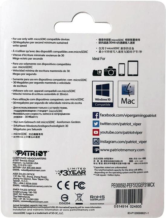 Nutritional values and ingredients Patriot EP Pro Micro SDXC 1TB (512 GB, microSDXC, U3, UHS-I)