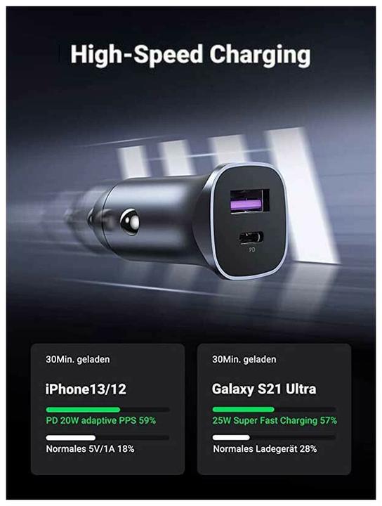 Produktbild Ugreen CD130 Car Charger, USB-A+PD 3.0, USB-C, QC3.0 30W (Grey)