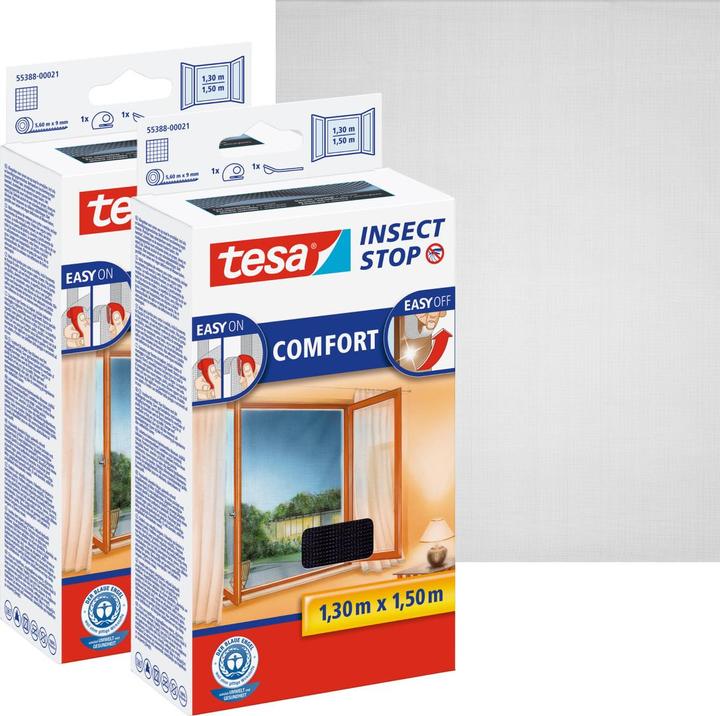 Produktbild tesa 2x Insektenschutz COMFORT für Fenster, mit Klettband, selbstklebend, ohne Bohren (130 x 150 cm)