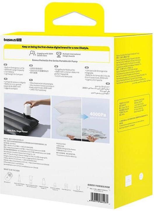 Immagine prodotto Baseus Pompa ad aria portatile PocketGo serie Pro, bianco stellare (Display integrato, Microfono incorporato, Accumulatore di carica elettrica)