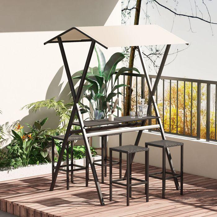 Immagine prodotto Swisshandel24 Set bar da giardino tavolo da bar in rattan con 4 sgabelli da bar, con tetto, dinette, poggiapiedi