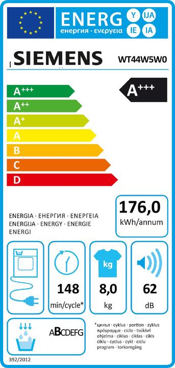 Energy Label Siemens WT44W5W0 iQ700 (8 kg, Right, EU plug)