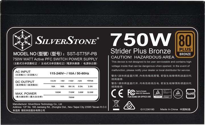Produktbild Silverstone SST-ST75F-PB - Strider Plus Series, 750W 80 Plus Bronze ATX PC Power Supply, Low Noise 1 (750 W)