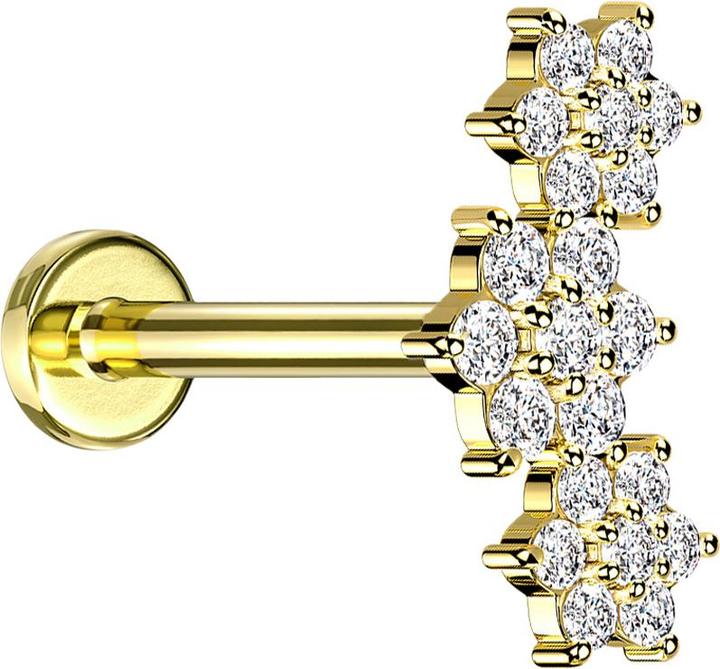Image du produit Star Piercing Micro Labret femelle doré trois fleurs cristaux argentés (Laiton, Acier chirurgical 316L)