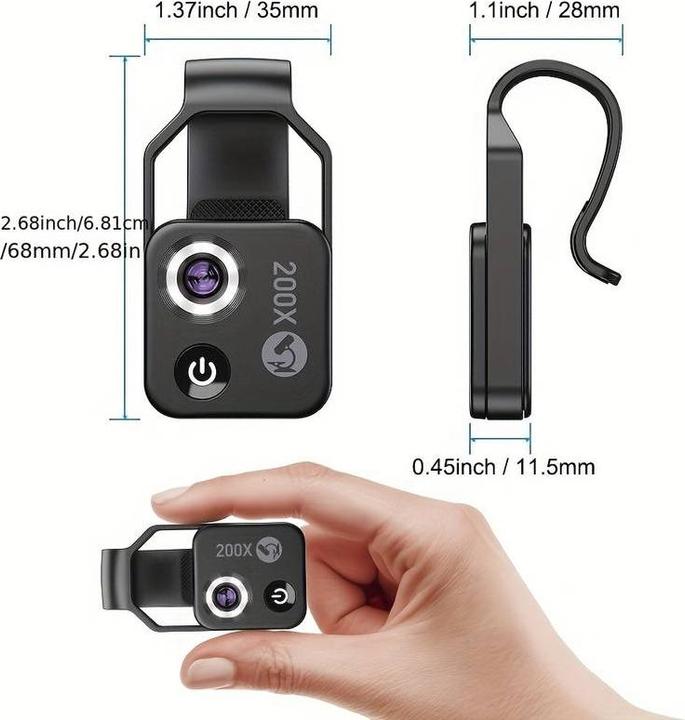 Actual product image PhoneLook Apexel APL-MS002 Clip zoom optique microscopique 200x universel avec lumière LED intégrée