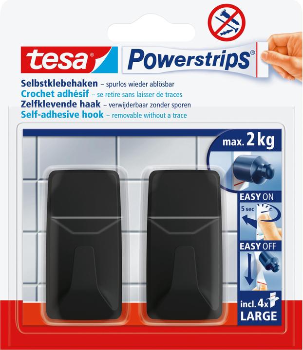 Productafbeelding tesa Powerstrips haken LARGE rechthoek, zwart gemaakt van hoogwaardig kunststof, herbruikbaar met
