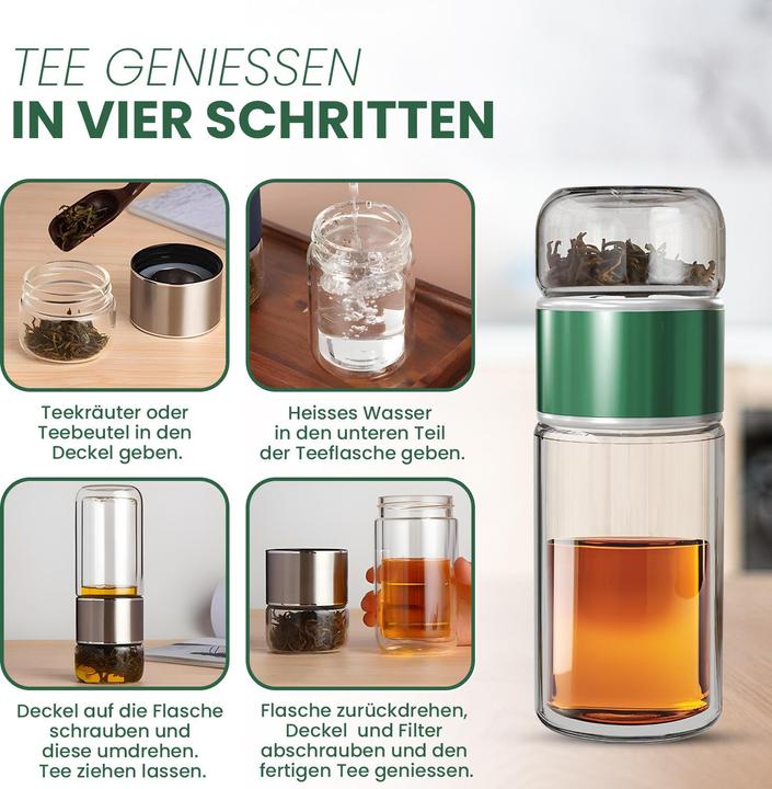 Actual product image Gewürzladen Näfels Rotatable tea bottle made of heat-resistant glass with tea filter - to go (0.24 l)