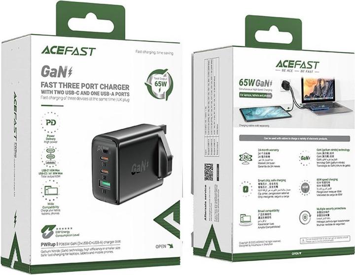 Produktbild Acefast charger GaN 65W 3 ports (1xUSB, 2xUSB C PD) UK plug black (A44) (65 W)