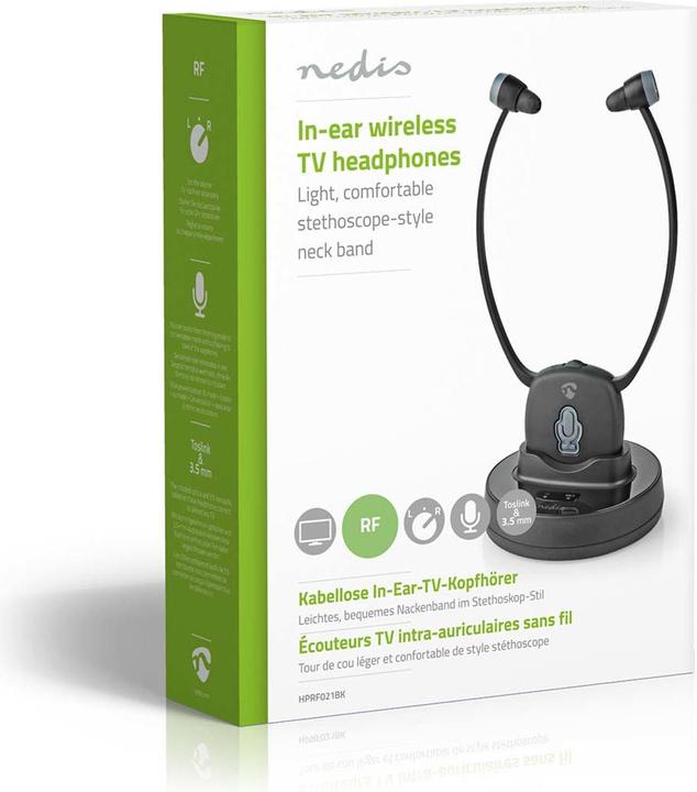 Produktbild Nedis HPRF021BK Wireless-TV-Kopfhörer RF Im Ohr max. Batteriespielzeit: 7 hrs 25 m Digital Audio La (7 h, Kabelgebunden)