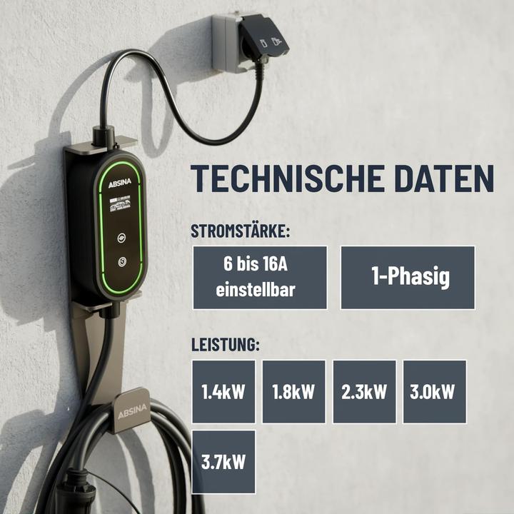 Image du produit Absina EV Ladekabel für Elektroautos, Mode 2, 16 A, 3,7 kW (3.70 kW, 16 A)