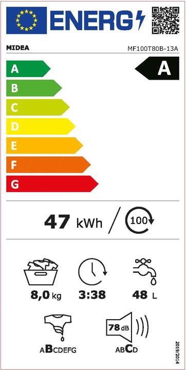 Energy Label Midea MF100T80B-13A (8 kg, Upwards)