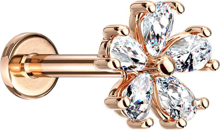 Actual product image Star Piercing Micro Labret internal thread rose gold flower with crystal drops (Brass, Surgical steel 316L)