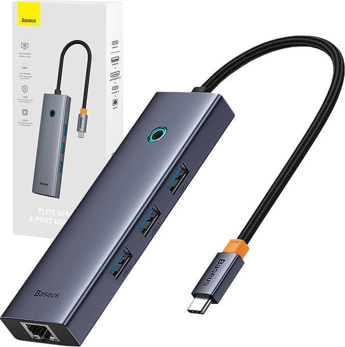 Image du produit Baseus Hub 6w1 UltraJoy 6-Port ( USB-C vers 1xHDMI4K@30Hz + 3xUSB 3.0 + 1xPD +RJ45) (USB-C, 6 Ports)