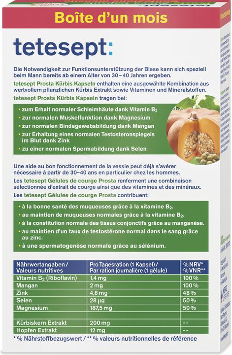 Nährwerte und Zutaten Tetesept Prosta (32 Stück, Kapseln, 70 g)