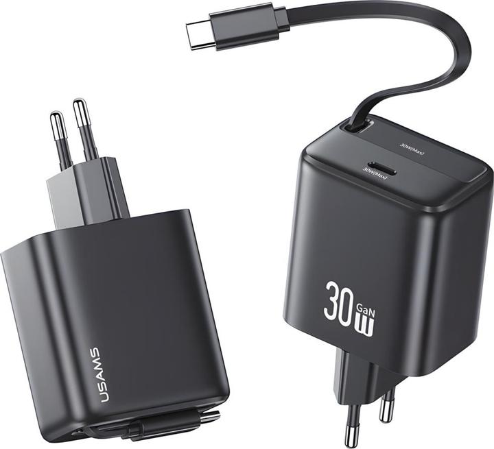 Actual product image Usams Ład. siec. 1xUSB-C ze zwijanym kablem USB-C Retractable PD+QC 30W Gan Fast Charging czarny/bla (30 W)