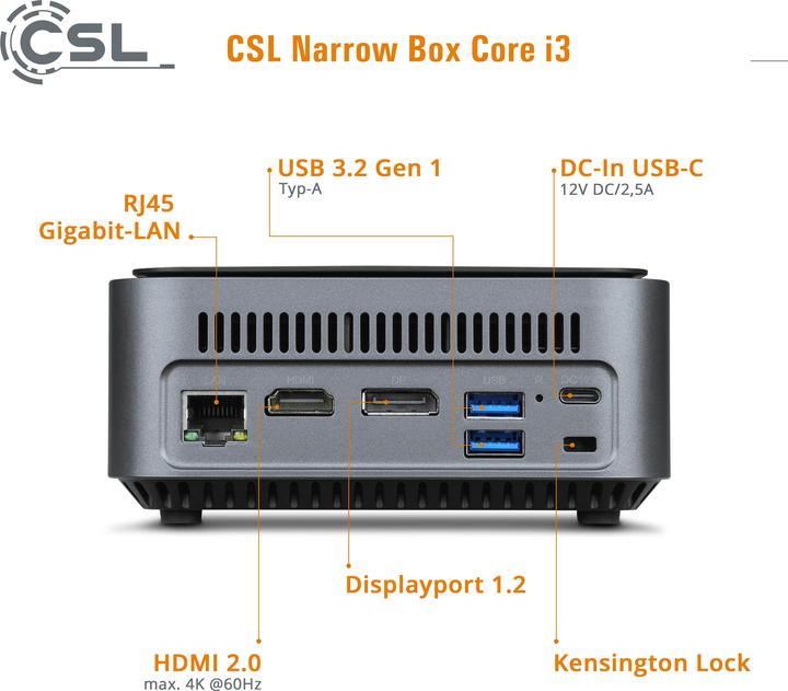Actual product image CSL Mini PC Narrow Box Core i3 / 16GB / 500 GB M.2 SSD / Win 11 Home (Intel Core i3-N305, 16 GB, 500 GB, Intel UHD Graphics)