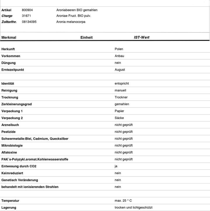 Nährwerte und Zutaten Zimmerli Adaptogene Aronia Kapseln (BIO) 50 Kapseln (1 Stück, Kapseln, 25 g)