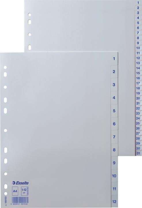 Produktbild Leitz Esselte Kunststoff-Register, Zahlen, A4, 1-12, weiss Universallochung, Masse: (B)225 x (T)2 x (H)297