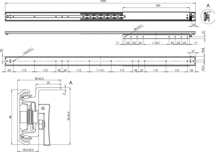 Actual product image Pöttker TOPSLIDE extension table runner, extension 620 mm, length 1000 mm, steel/aluminium