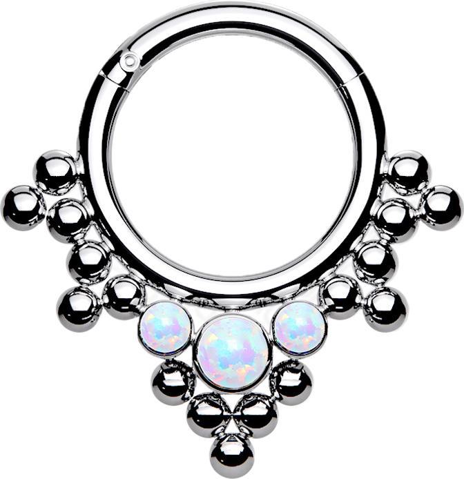 Star Piercing Micro Segmentring klappbar silber Kugeln Dreiecke mit Opal weiss (Titan G23, ohne Messing)