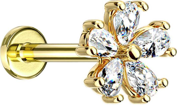 Star Piercing Micro Labret Innengewinde 14k vergoldet Blume mit Kristalltropfen (Messing, Chirurgenstahl 316L)
