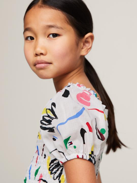 Image du produit Tommy Hilfiger ALLOVER PRINT SMOCKED DRESS Meisjes Jurk - White - Maat 12 (12)