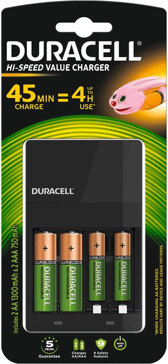 Duracell Hi-Speed Value Charger inkl. 2x AA und 2x AAA (4 Stk., AAA, AA, 1300 mAh, Ladegerät inkl. Akku)