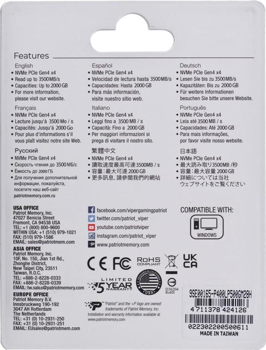 Immagine prodotto Patriot SSD 500GB M.2 P400 Lite PCIe 4x4 NVMe 3500/2400 (500 GB, M.2 2280)