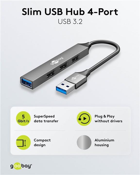 Produktbild Goobay Slim 4-Port USB-Hub, USB-A auf USB-A, USB 3.2 (USB-A, 4 Ports)