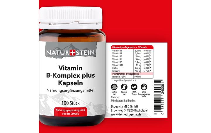Valori nutrizionali e ingredienti Naturstein Complesso vitaminico B più (100 Pezzo/i, Pillole, 148 g)