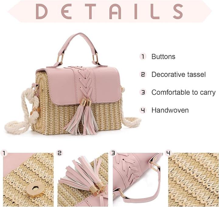 Produktbild Only-Bags.Store Quaste Dekor Stroh gewebt Handtaschen, Mini Rope Strap Crossbody Strandtasche, Frauen Top Handle