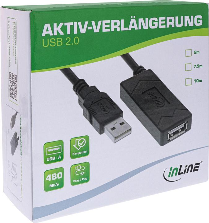 Produktbild InLine USB 2.0 Aktiv-Verlängerung, USB-A Stecker/Buchse, 7,5m (7.50 m, USB 2.0)
