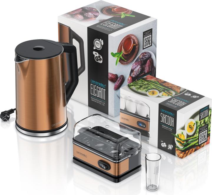 Produktbild Arendo Frühstücks Set, Edelstahl Wasserkocher 1,5l mit Temperatureinstellung & Eierkocher 1-6 Eier, Kupfer
