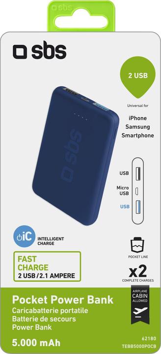 Immagine prodotto SBS Pocket Power Bank 5000 mAh (5000 mAh, 18.50 Wh)