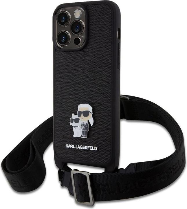 Actual product image Karl Lagerfeld Saffiano Crossbody Strap Metal Karl and Choupette Case for iPhone 15 Pro Max Black (Apple iPhone 15 Pro Max)