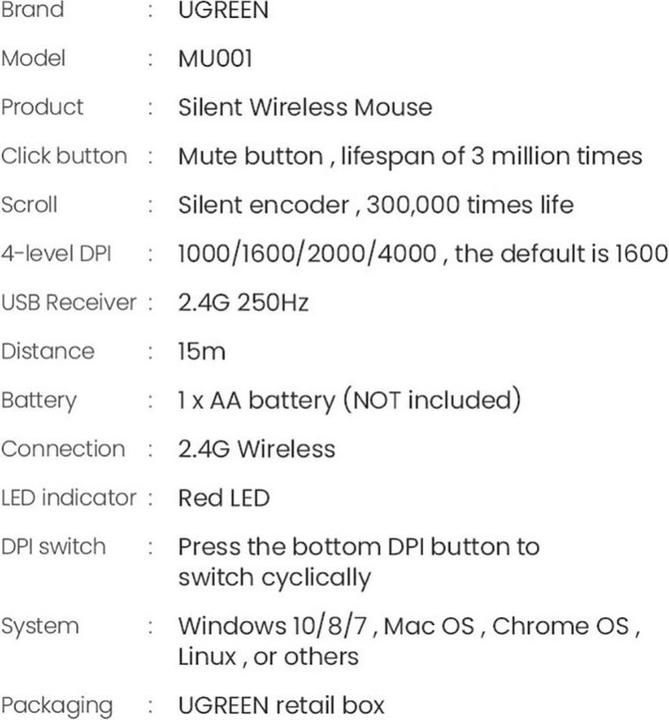 Nährwerte und Zutaten Ugreen Wireless mouse MU001 (Kabelgebunden)