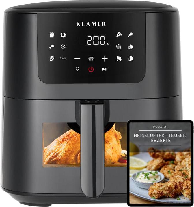 Actual product image KLAMER Heissluftfritteuse 5l XL, Heissluftfritteuse mit Sichtfenster & Schüttel-Erinnerung, Ölfr…