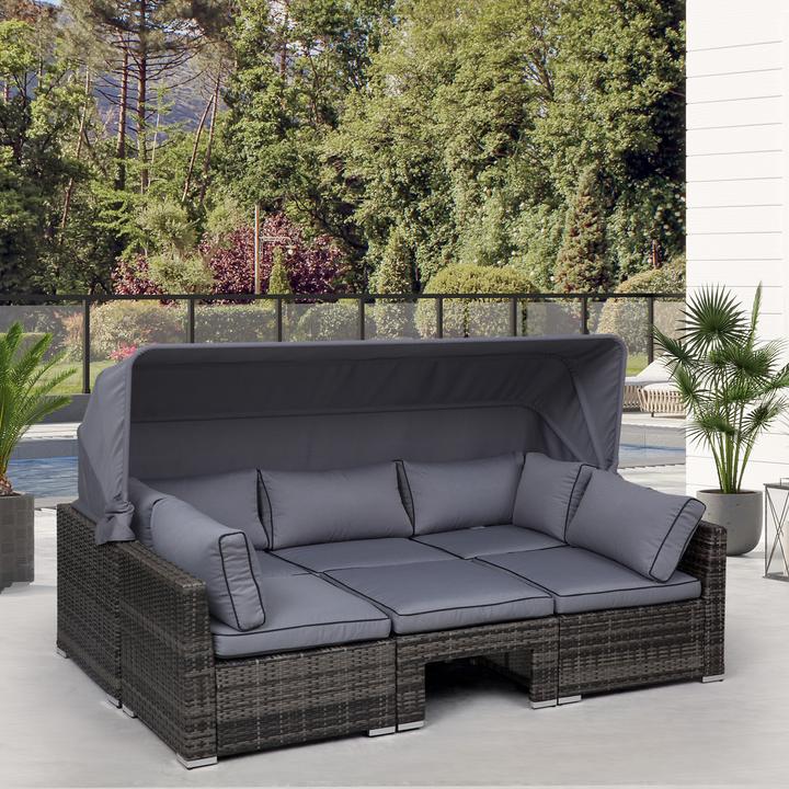 Produktbild Outsunny Polyrattan Lounge-Set mit Sonnendach, Kissen und Beistelltisch