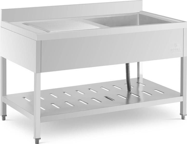Produktbild Royal Catering Spültisch Spülbecken Edelstahlspüle Gastrospüle mit Regal 140 x 70 cm (Einbauspüle mit Abtropffläche, 25 cm, 70 cm)