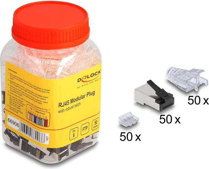 Actual product image Delock RJ45 modular plug with robust snap-in lug Cat.6 and bend protection sleeve 50pcs set