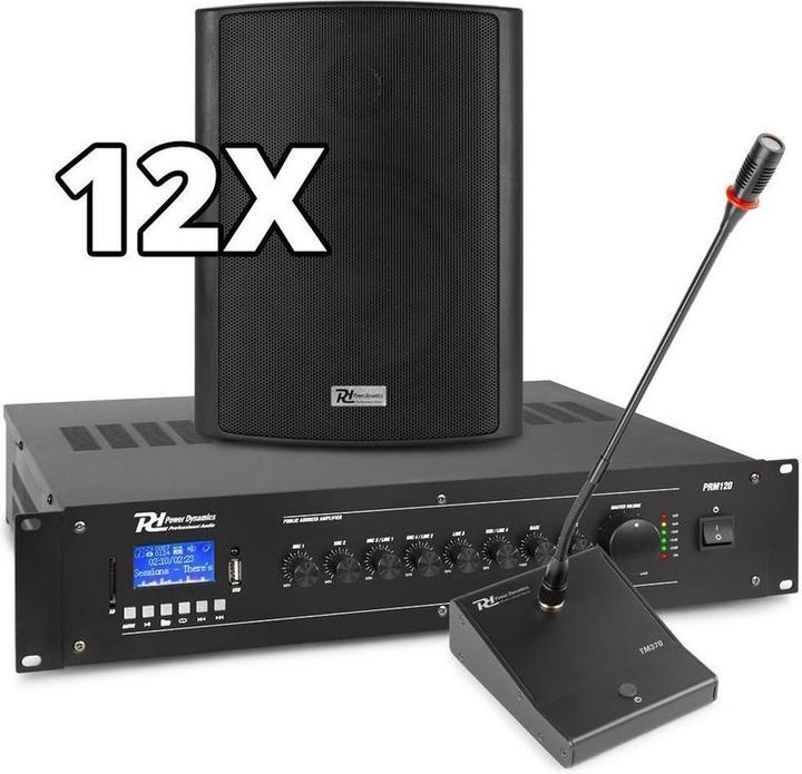 Power Dynamics complete 100V muziekinstallatie / omroepinstallatie met 12 speakers, 120W Bluetooth verster (Actif)
