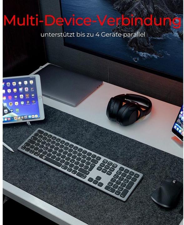 Produktbild KeySonic Full-Size Aluminium Tastatur, Bluetooth® & RF, für Win & macOS (DE, Kabellos)