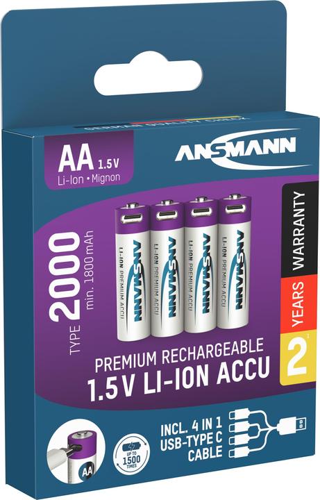 Productafbeelding Ansmann 1312-0036 Li-Ion oplaadbare batterijen Mignon AA type 2000 (min. 1800 mAh) 4-pak doos (4 Pcs., AA, 1800 mAh)
